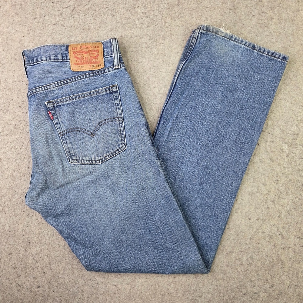 Levis 514 Jeans Mens 36x34 Blue Stretch Straight Leg Denim Classic Red Tab